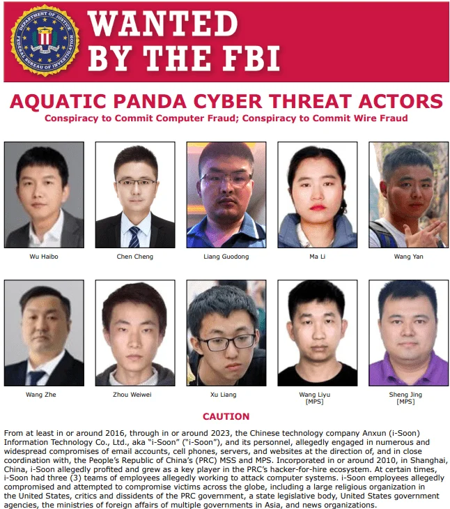 FBI’s wanted poster for Aquatic Panda Cyber Threat Actors (FBI)