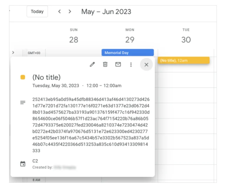 Evento de calendário malicioso criado por ToughProgress (Google)